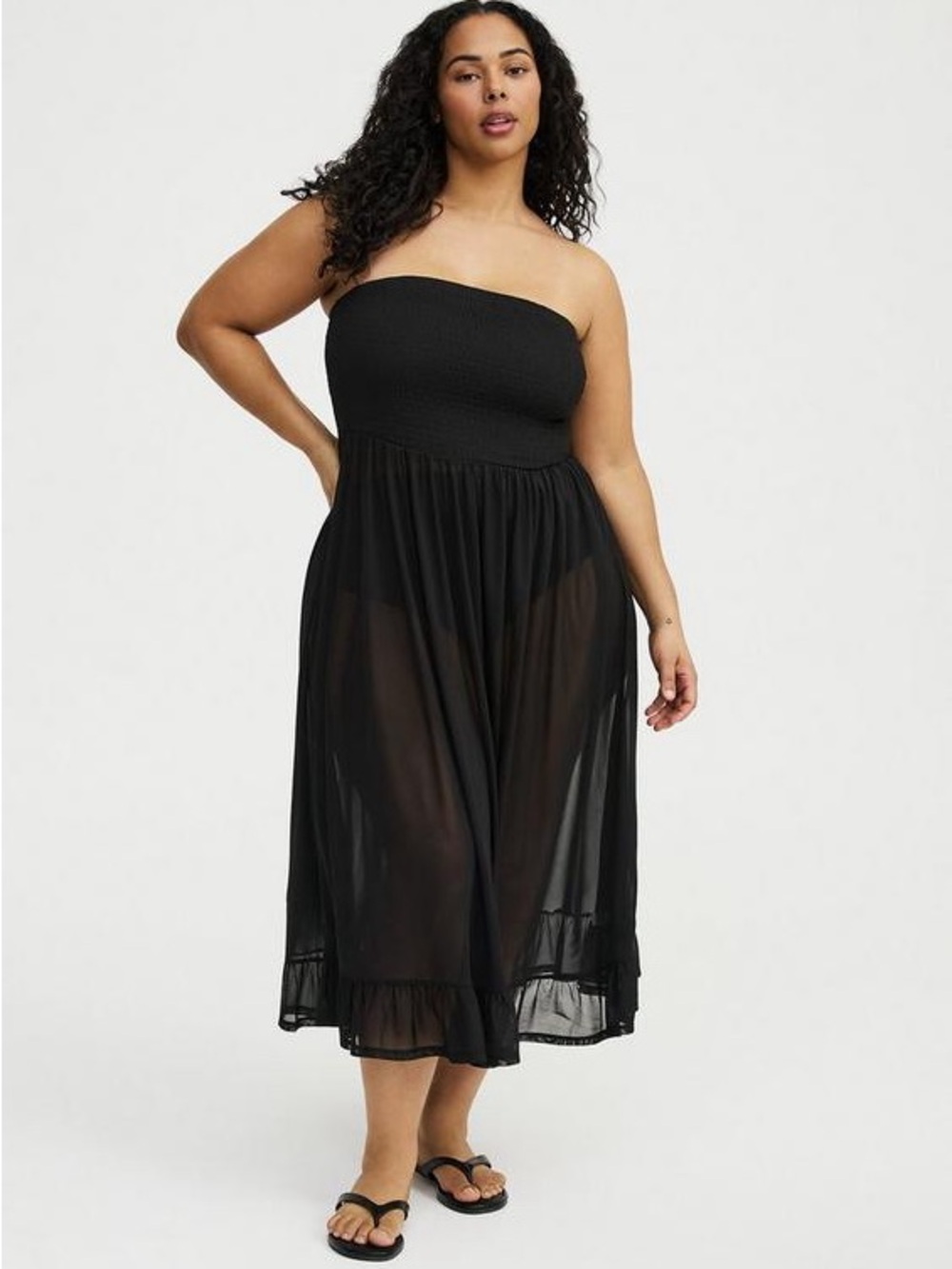 Torrid Black Crepe Midi Smocked Coverup Deep Black 3